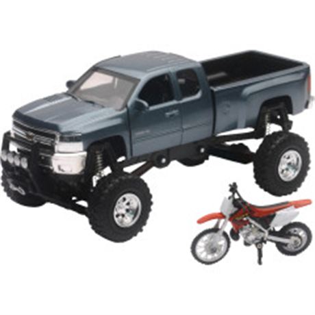 Chevrolet Silverado Offroad Pick Up w/ Honda Dirt Bike - 1:32 Scale - Gray/Black