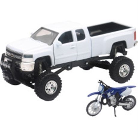 Chevrolet Silverado Offroad Pick Up w/ Yamaha Dirt Bike - 1:32 Scale - White/Bla